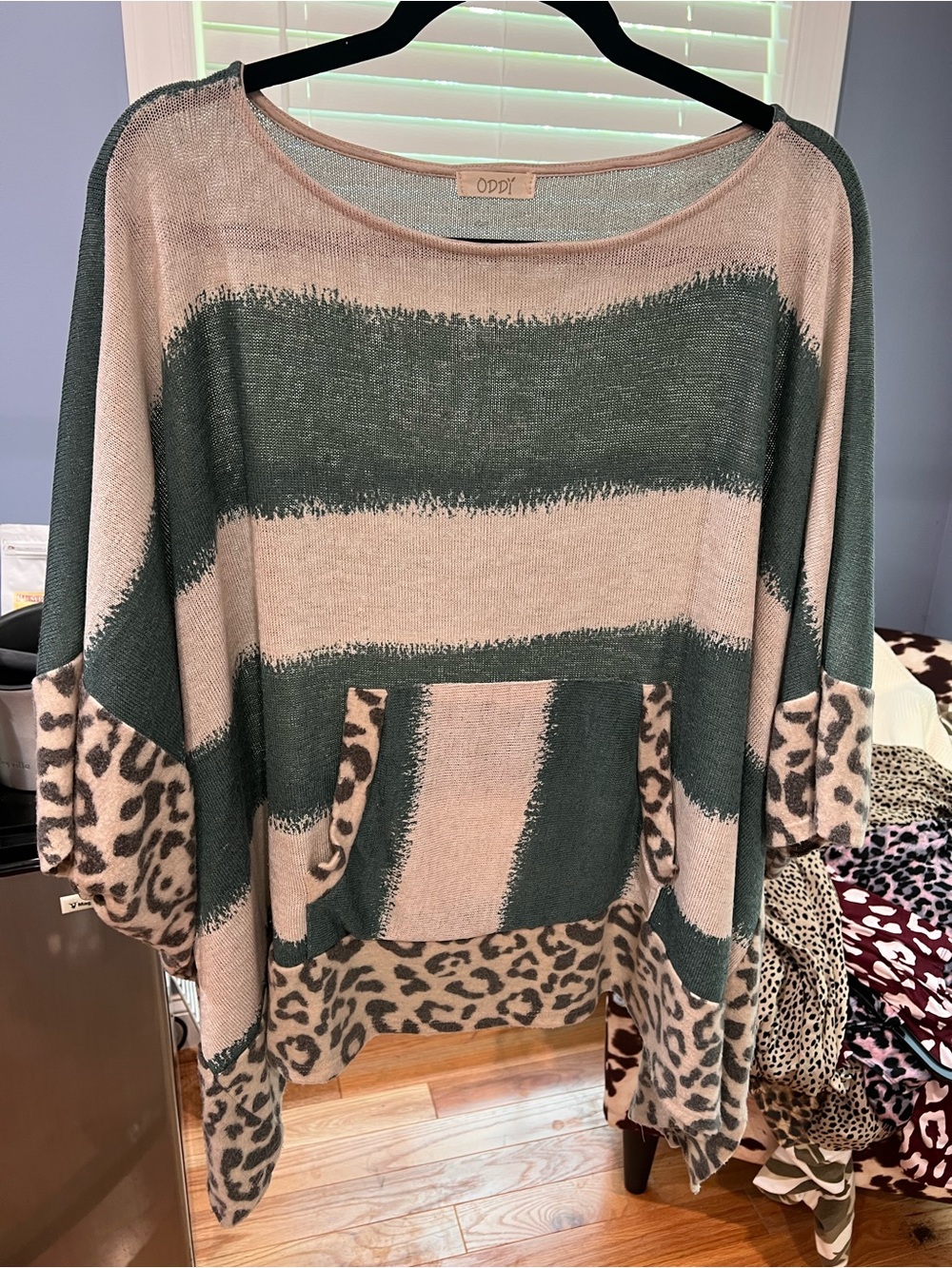 ODDY Green and Beige Striped Sweater with Leopard Trim